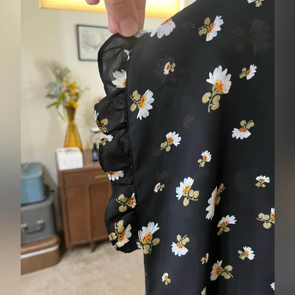 LOFT Black Daisy Print Blouse with White & Yellow Flowers - Picture 3 of 5